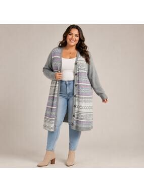 CJ Banks Cardigan Duster Sweater Womens Plus 2X Fair Isle Gray Purple Knit NWT